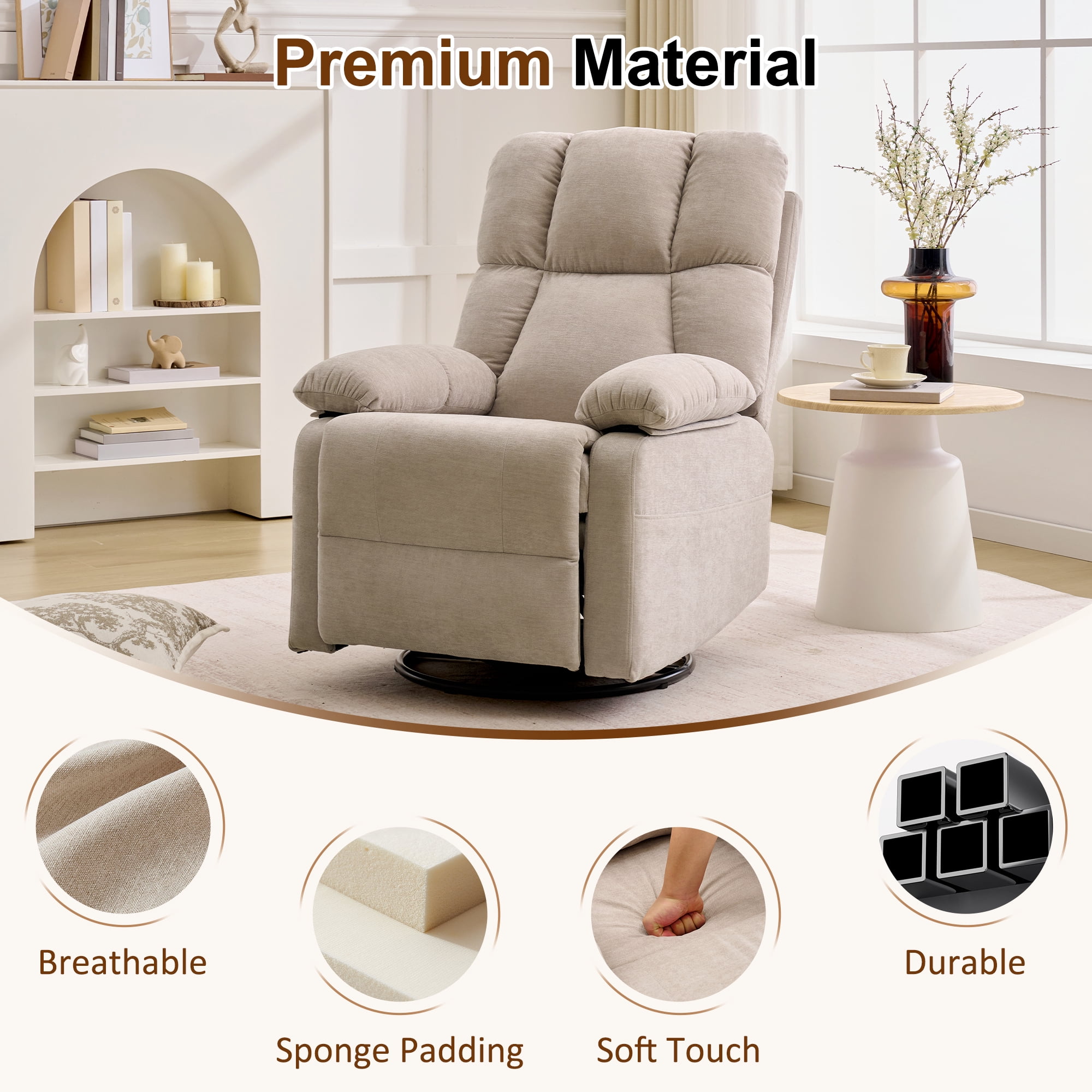 GEEYOO Swivel Rocker Recliner Chair for Adults,360°Swivel Nursery Recliner with Side Pockets,Small Recliner Chair for Small Spaces for Living Room,Linen,Khaki