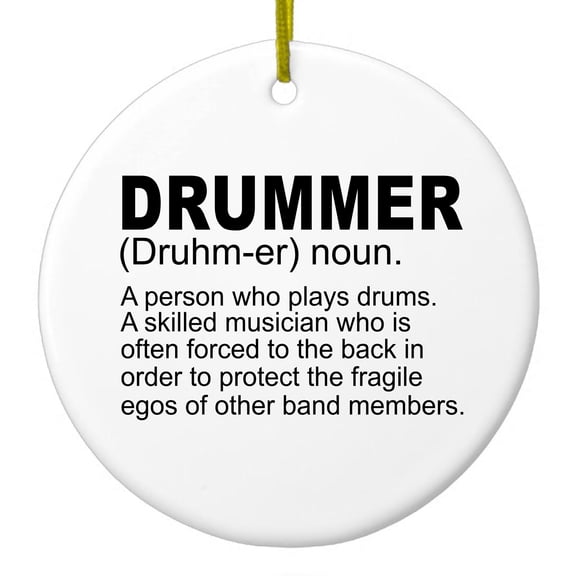 DistinctInk Hanging Ceramic Christmass Tree Ornament with Gold String - Great Gift / Present - 2 3/4 inch diameter - Drummer Dictionary Definition