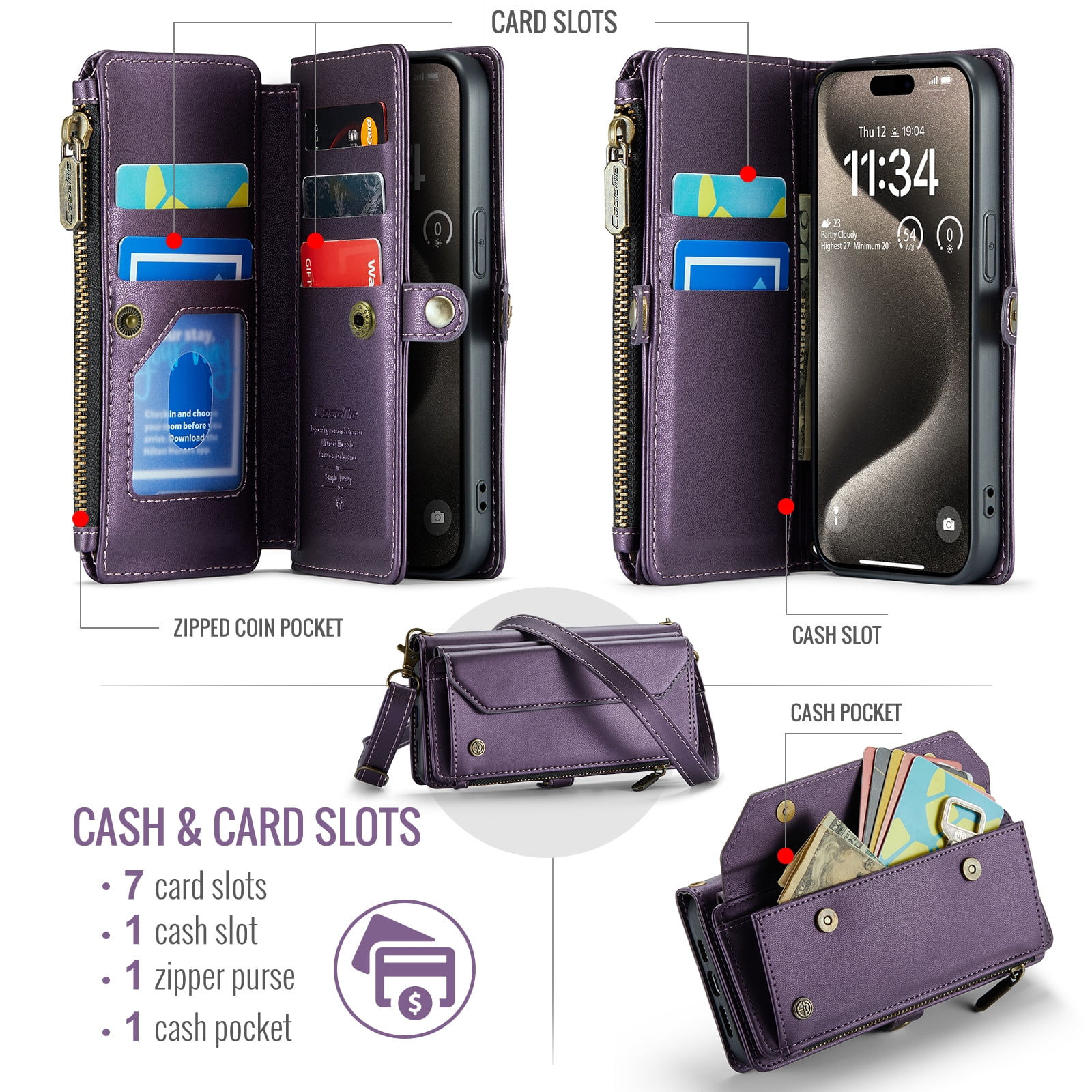 CoverTrend for iPhone 13 Case Crossbody Purse with Strap Women Card Holder Zipper Wallet Lanyard Flip Faux Leather RFID Blocking Stand Cover,Purple
