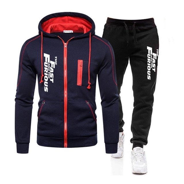 Sudaderas para hombre Ropa casual para hombre Conjunto de dos piezas Chaqueta deportiva con cremallera + Pantalones deportivos Traje deportivo con capucha Rápido y Furioso