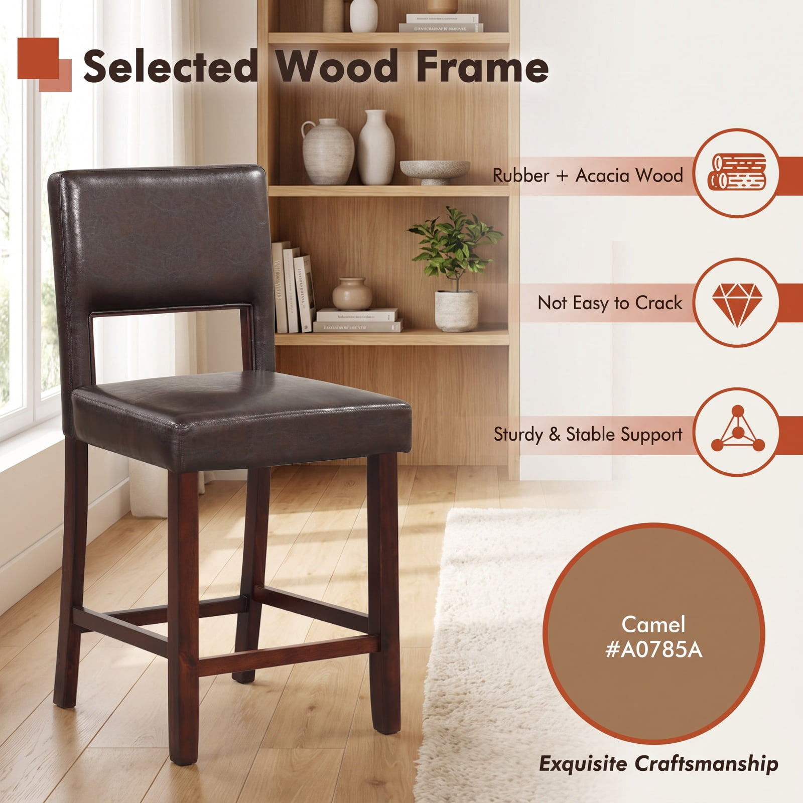 Furnibear Set of 2 Bar Chairs with Hollowed Back and Rubber Wood Legs in Brown
