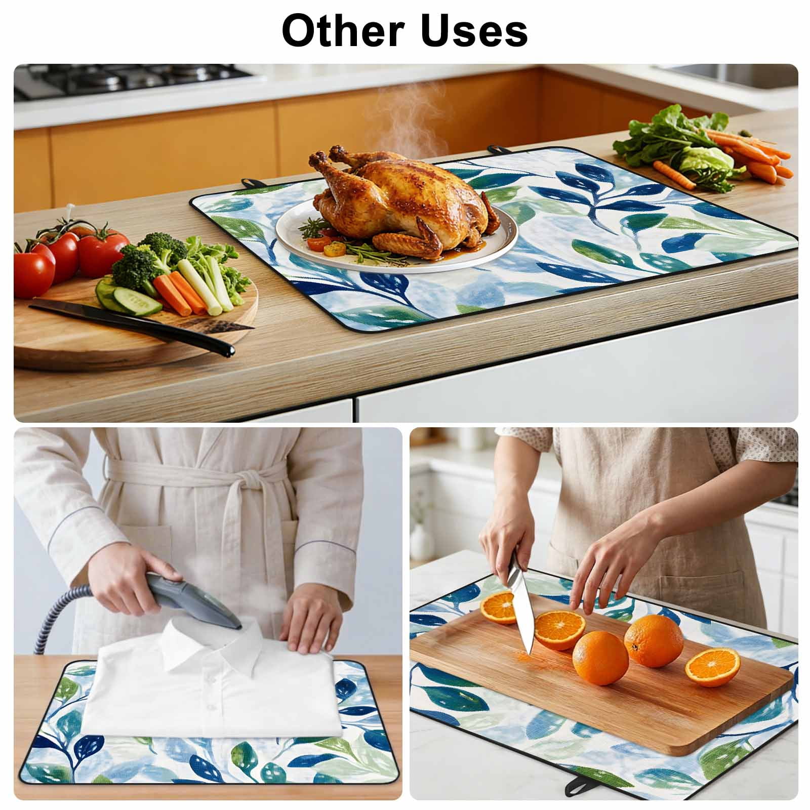 Navy Blue Leaves Stove Top Cover for Electric Stove, Heat-proof & Non Slip Glass Top Stove Cover Protector, Green Summer Botanical Kitchen Flat Cooktop Rubber Mat 24x21 Inches