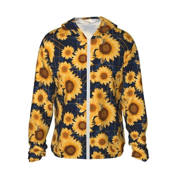 Fotbe Navy Blue Plaid Sunflower Chaqueta con Protección Solar UPF 50+ para Hombre y Mujer, Camisa con Capucha y Bolsillos-Medium