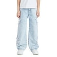 thumbnail image 2 of Y2k Jeans Star Patchwork Denim Pants for Boys and Girls, Loose Fit Wide Leg Jeans with Elastic Waist, Casual Streetwear Trousers for Kids(Light Blue,12_13 Years), 2 of 4