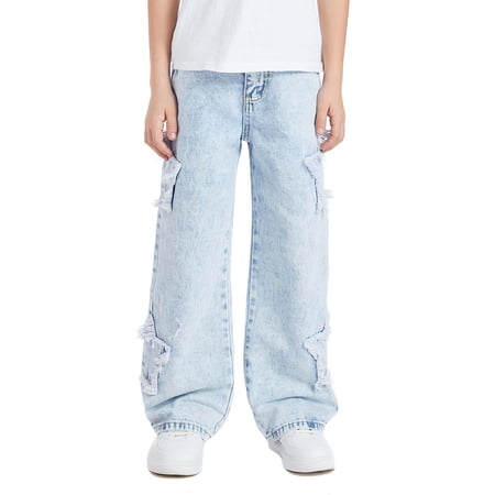 XAOFW Boy s Pants Star Appliques Elastic Waistband Denim Trousers Loose Fit Straight Leg Jeans Holiday Vacation Comfortable Stylish Trouser