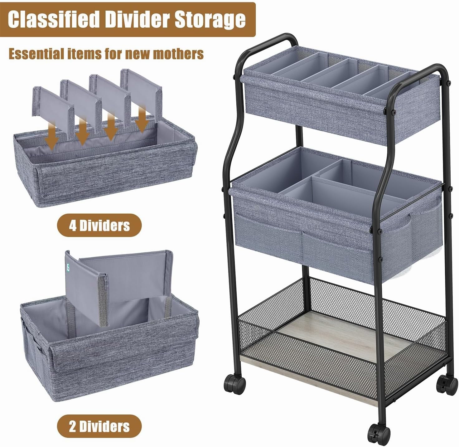 X-COSRACK 3-Tier Rolling Baby Diaper Organizer Cart, Metal Nursery Utility Cart with Wheels & Removable Dividers, Multi-Purpose Storage for Bathroom & Kitchen