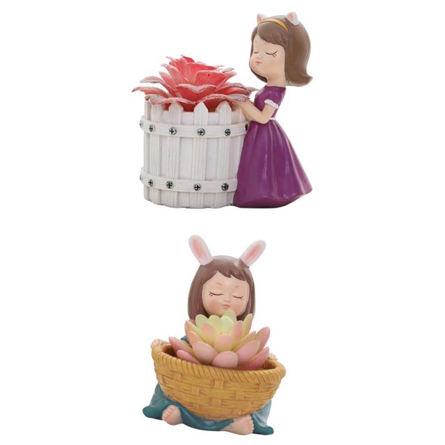2x Cute Girls Resin Succulent Pots Cactus Bonsai Pots Fairy Garden Supplies Baoblaze none