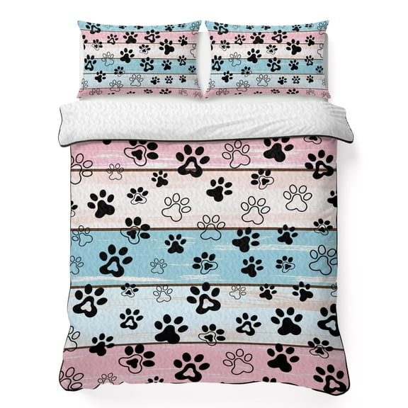 King Quilt Set 96''x106'', Blue Pink Dog Paws Prints Lightweight Summer Bedspread Coverlet Set with 2 Pillow Shams, Farmhouse Beige Wood Breathable All Season Quilt Bedding for Bedroom/Guest Room