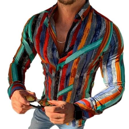 INCERUN Men Long Sleeve Colorful Patchwork Casual Loose Shirts ...