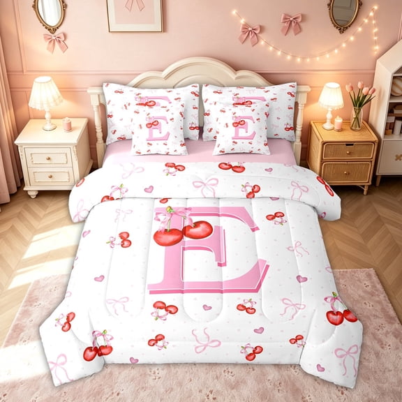 meiyoeat Cute Cherry Letter E Twin Bedding for Girls, Bowknot Fruit Bedding Comforter Set for Kids, Pink, Pink Reversible, 7pcs
