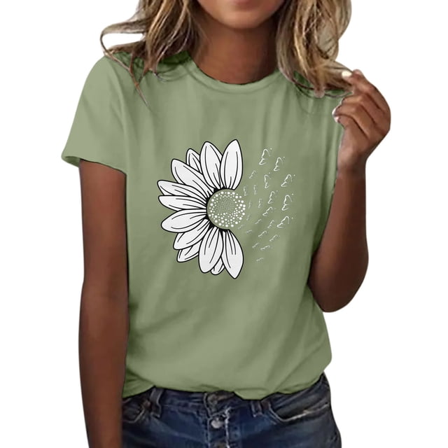 WTXUE T-Shirts à Manches Courtes, Col Rond, Graphiques, pour Femmes, Été, Ample, Blo, Coton Floral, Décontracté, Vert Menthe/tournesol L