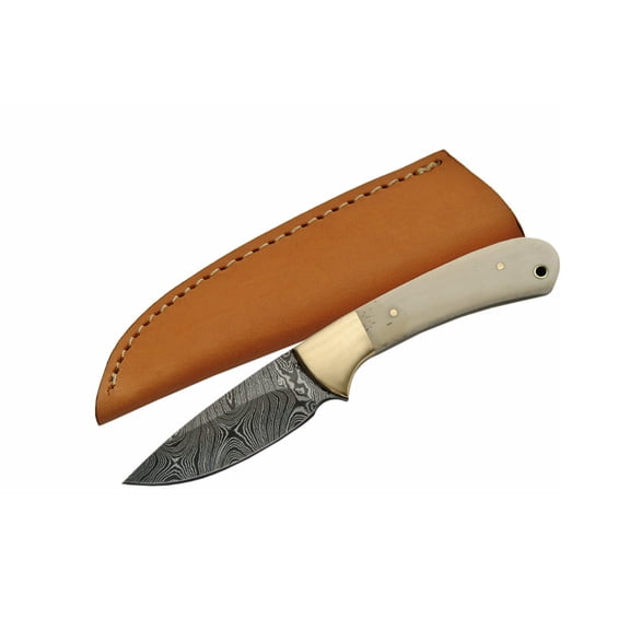 SANZ Damascus Skinner Knife 7 Inch - Hunting Knife with Bone Handle, Full Tang Blade and Sheath - Outdoor Knife for Hunting, Camping and Outdoor uses - Knives for Men