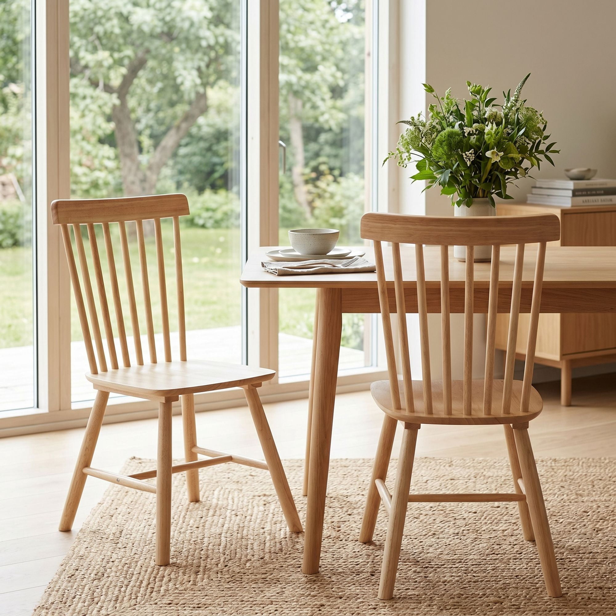 Dayalane Farmhouse Windsor Dining Chairs Set of 2, Solid Wood Spindle Back Dining Side Chairs, Mid-Century French Country Oak Kitchen Chairs for Dining Room Living Room Kitchen Restaurant, Natural