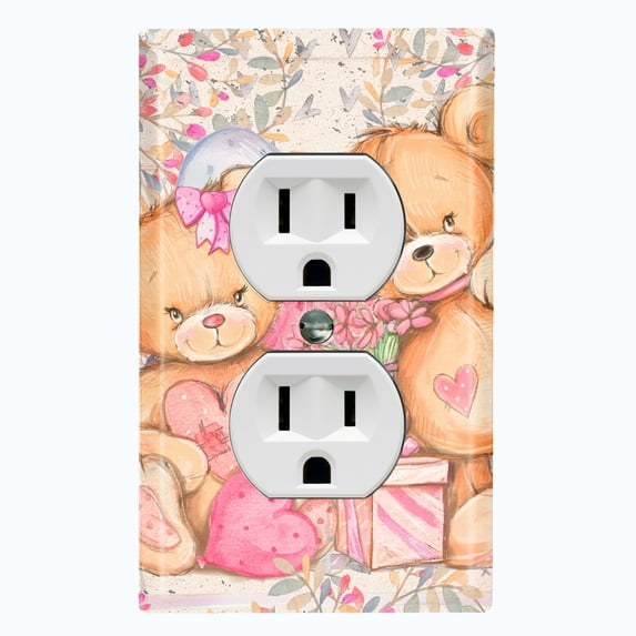 Metal Light Switch Wall Plate Outlet Cover (2 Teddy Bears Pink With Love Heart Balloon Flower - Single Duplex)