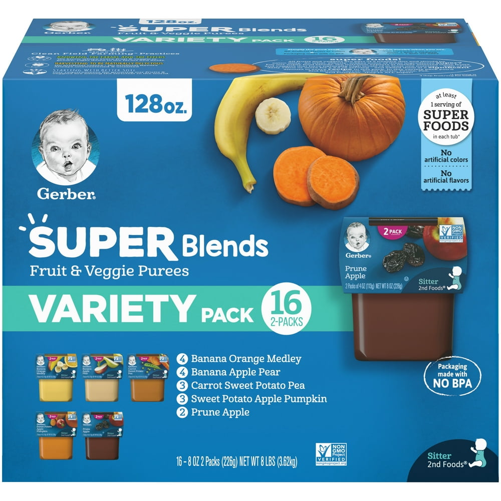 (Pack of 16) Gerber Stage 2, Super Blends Fruit & Veggie Purees Variety