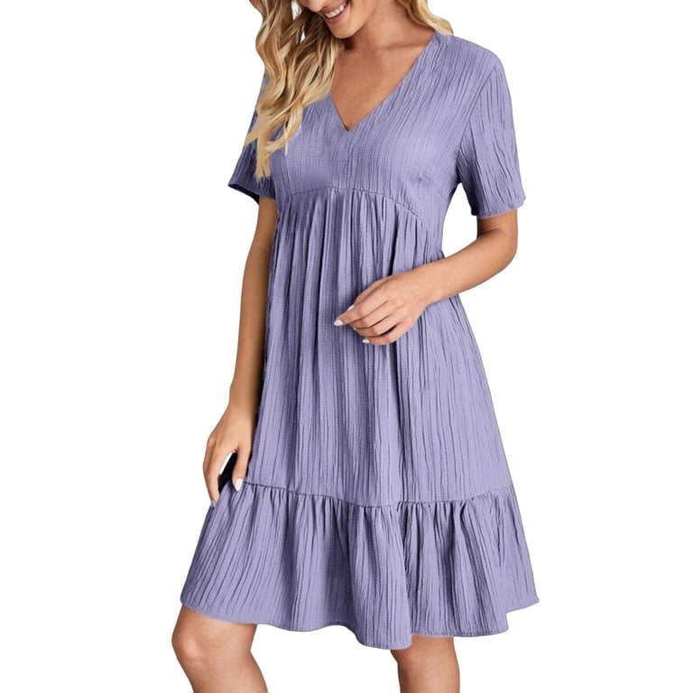 IDALL Summer Dresses,Casual Dresses Women Casual Fashion Solid Color V Neck  Short Sleeve Shirt Dress Petite Dresses,Modest Dresses,Womens Dresses  Purple Dress L - Walmart.com