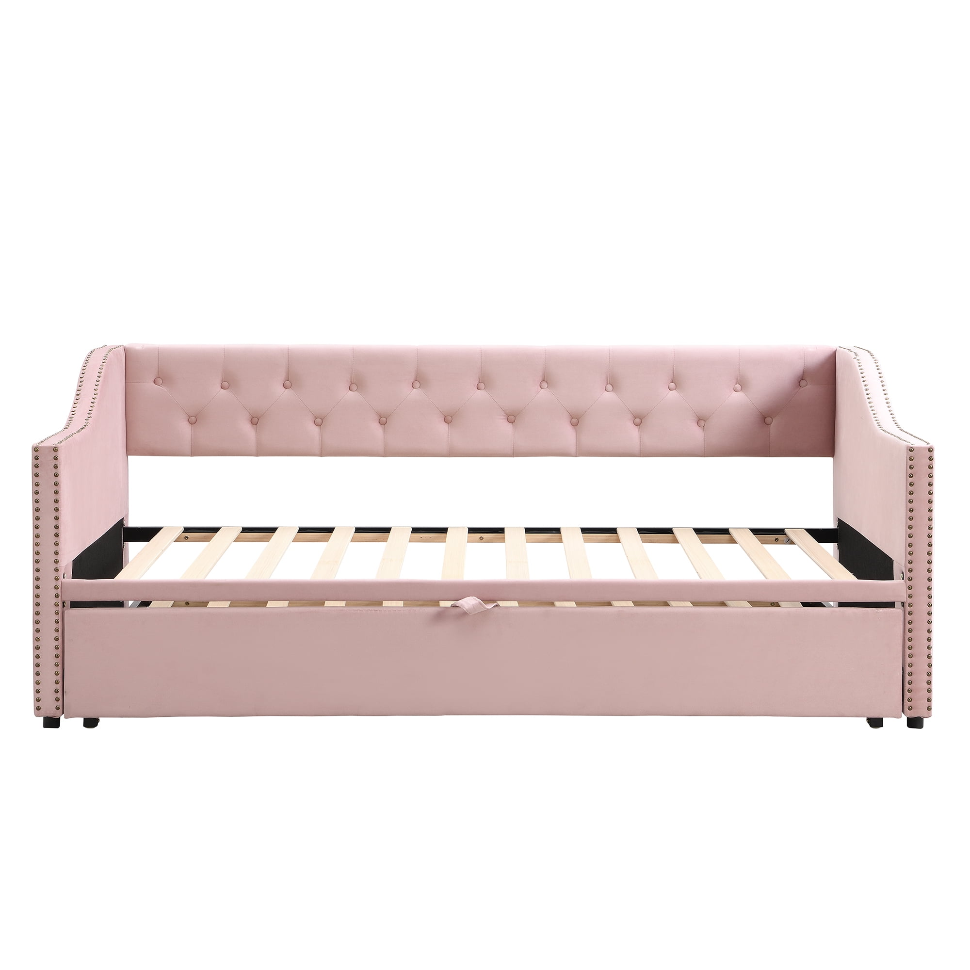 Aukfa Twin Daybed with Pop-Up Trundle, Velvet Upholstered Bed Frame with Button Tufted Back and Nailhead Trim, Space Saving Guest Bed for Kids Room/Living Room, Pink