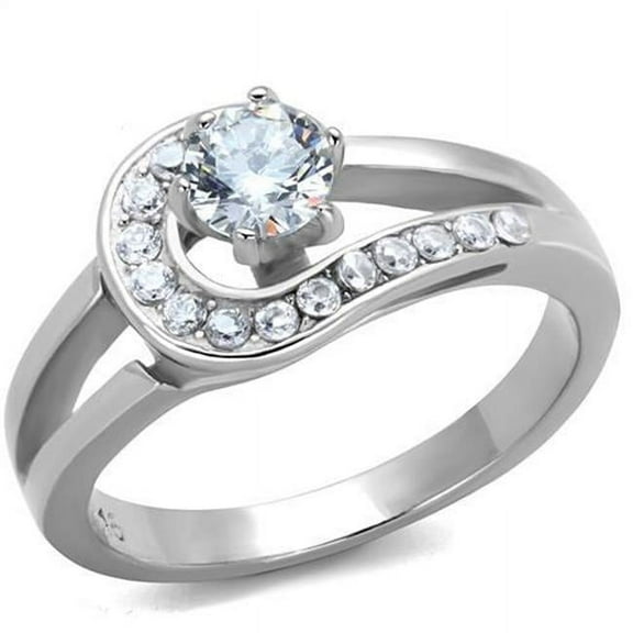 Women High Polished Stainless Steel Ring with AAA Grade CZ in Clear - Size 10