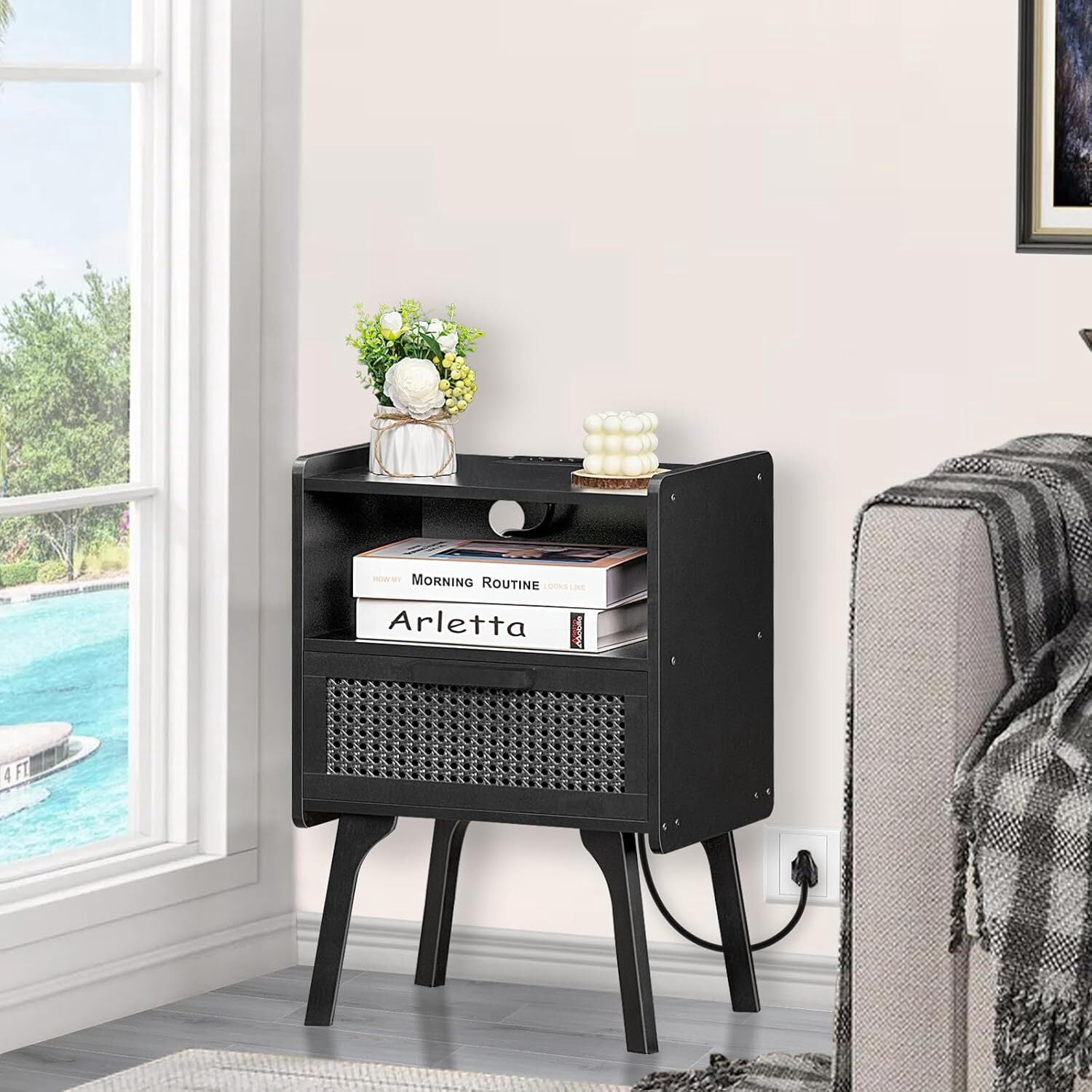 Joaxswe Rattan Nightstand with Power Outlet, End Table Beside Table with 1 Drawer & 1 Open Shelf for Bedroom Living Room, Black