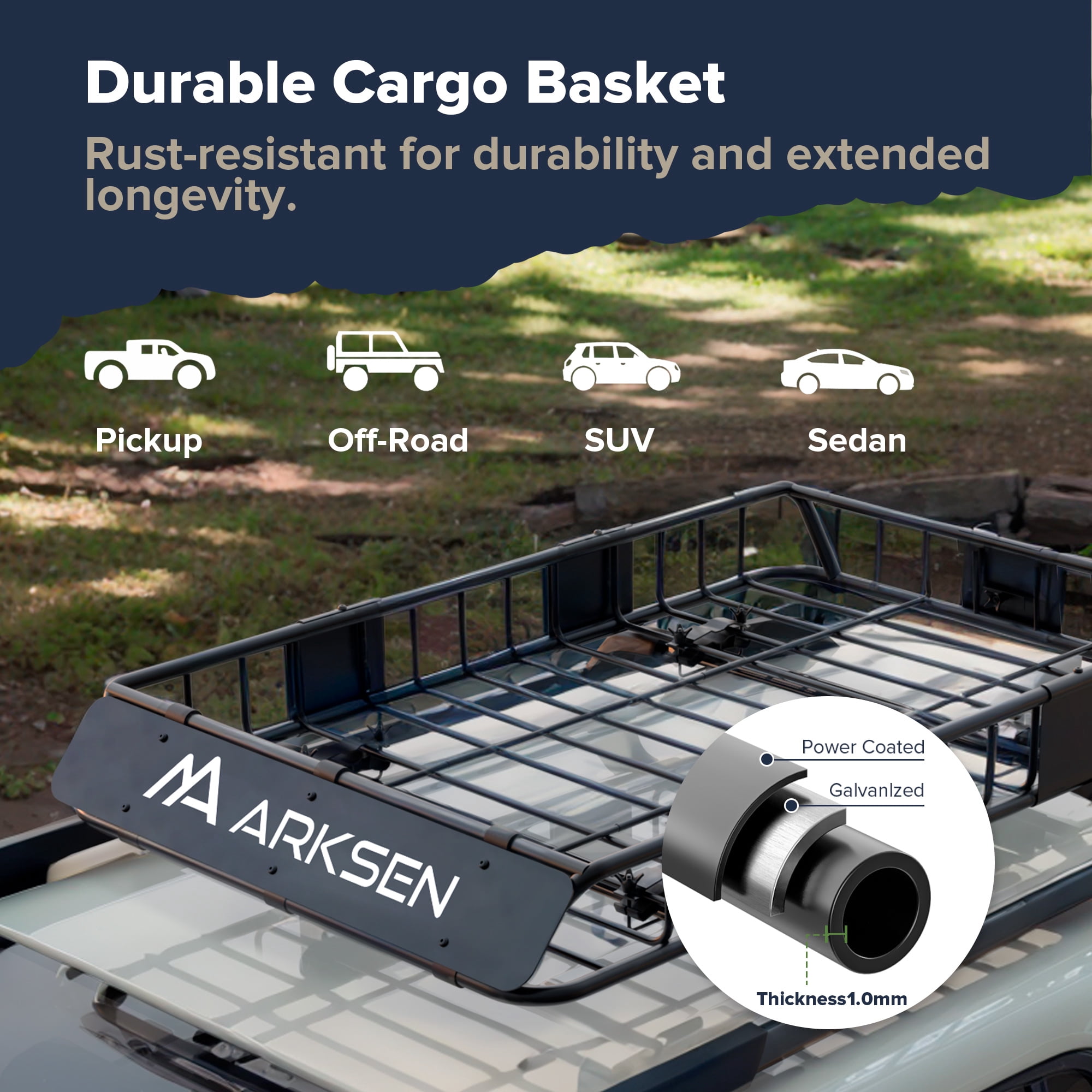 ARKSEN 54x34x6 inch Heavy Duty Roof Rack Cargo Carrier w/ 600D Waterproof Cargo Bag, Tie Down Straps, Net, Universal Steel Roof Basket, 150 LBS Capacity Car Top Luggage Holder for SUV, Truck, Pickup
