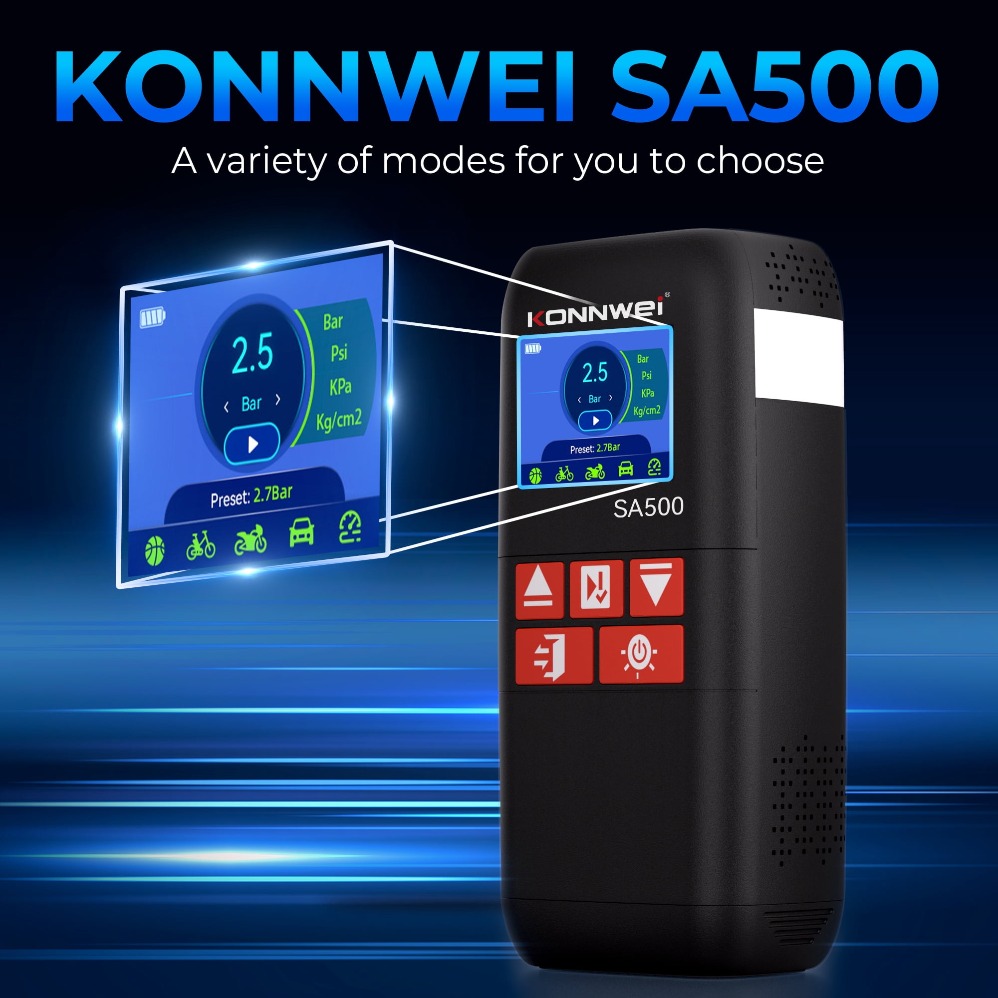 KONNWEI SA500 Jump Starter with Air Compressor, 2000A 10400mAh, 150PSI Tire Inflator, Power Bank LED Light 12V Booster