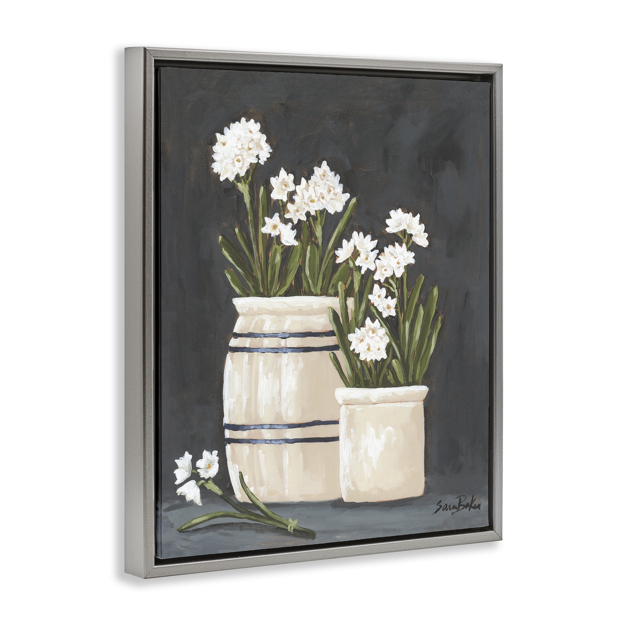 Stupell Industries Vintage Crocks & Paperwhites Gray Framed Floater Canvas Wall Art, design by Sara Baker