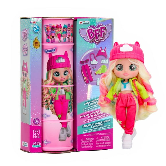Cry Babies Poupée de Mode BFF Hannah avec 9+ Surprises Incluant Tenue et Accessoires pour Jouet de Mode, Filles et Garçons de 4 Ans et Plus, Poupée de 7,8 Pouces, Multicolore