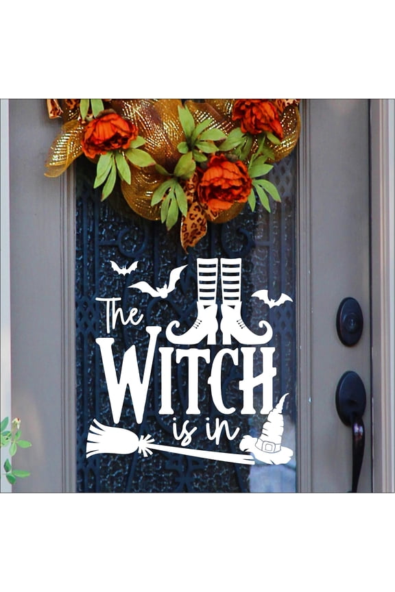 The Witch Is In (boots) with Witch Legs and Shoes Witch Hat and Broom Halloween Decor Vinyl lettering Decal Wall Decals - Size: 20"H x 20"L - Color: White