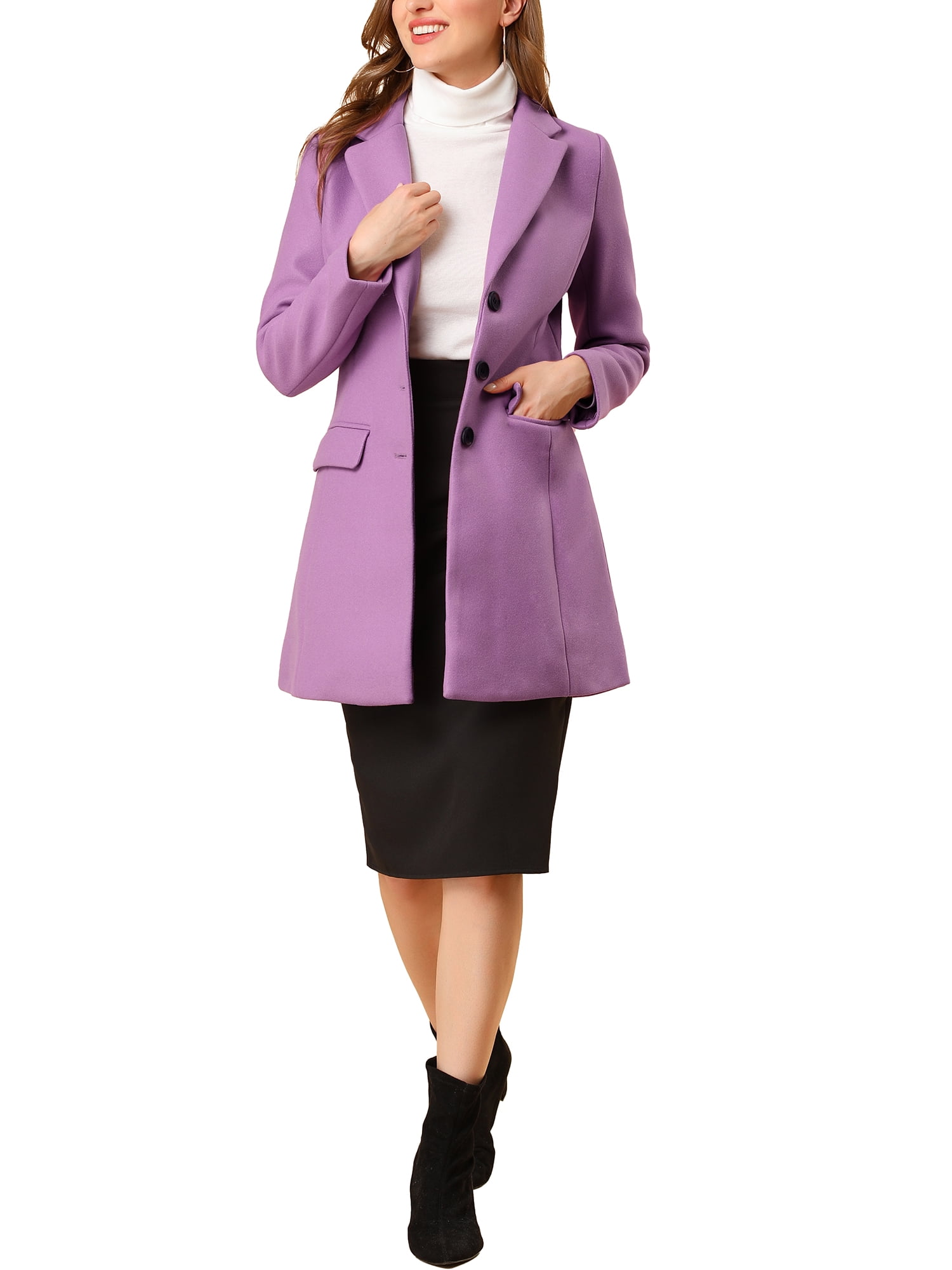 Women's Coat Solid Color Notched Lapel Single Breasted Winter Peacoat L Light Purple - image 2