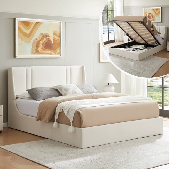 Queen Lift up Large Storage Platform Bed Frame with Fabric Upholstered Wingback 41.73" High Headboard, White