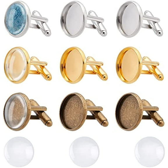 24 Sets 3 Color Brass Cufflinks Tray Settings with Dome Clear Glass Covers Cabochons Bezel Blanks for Picture Cuff Button Making Tray 16mm