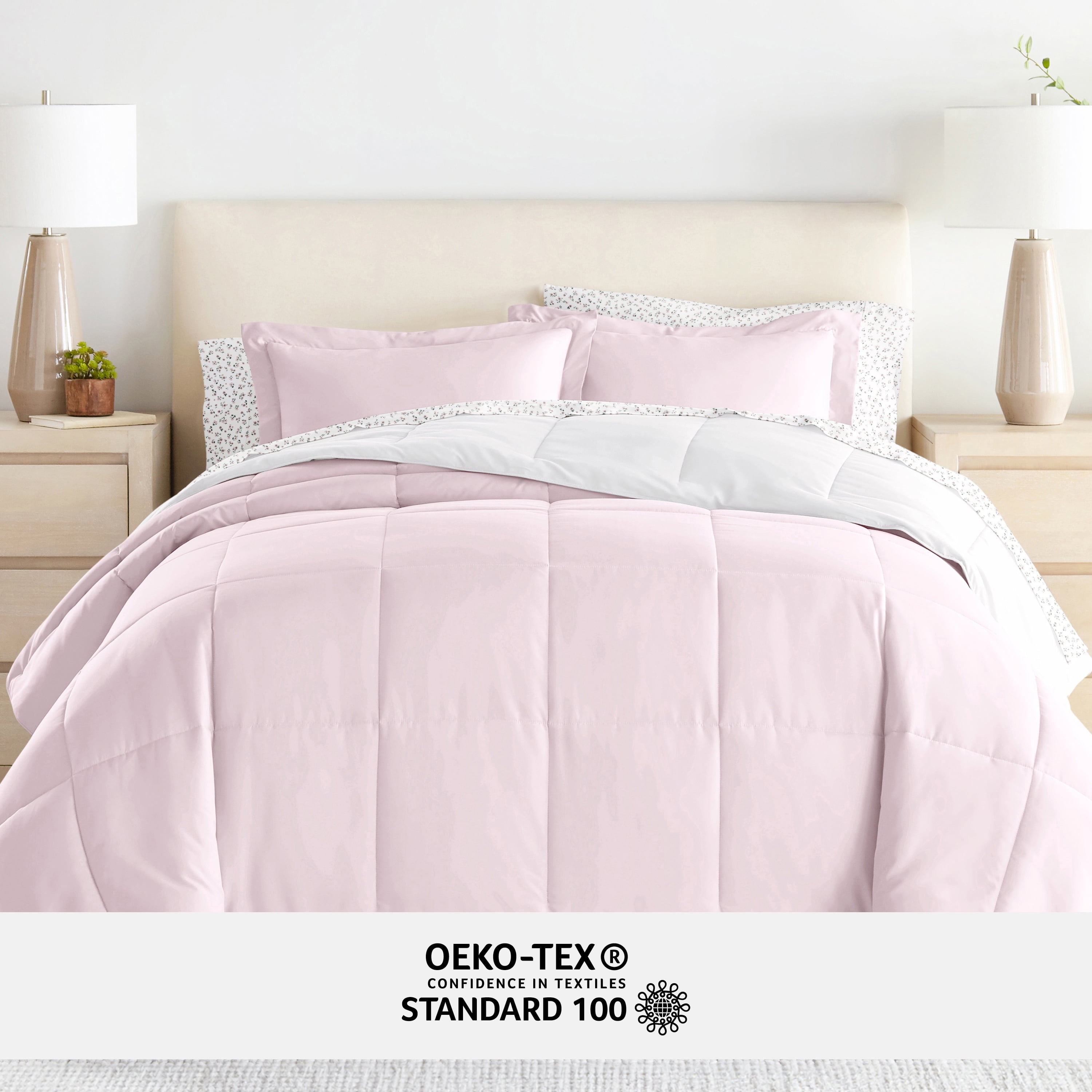 Noble Linens 5 Piece Bedding Bundle, Reversible Comforter and Patterned Sheet Set, Twin