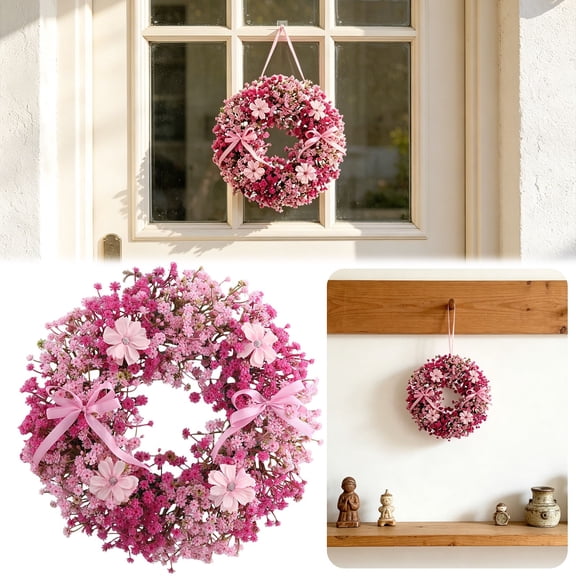 CSSJKYJ Artificial Gypsophila Wreath 11.8" Handmade Wreath With Bow Spring Wreath for Front Door Wall Wedding Home Decor,Hot Pink