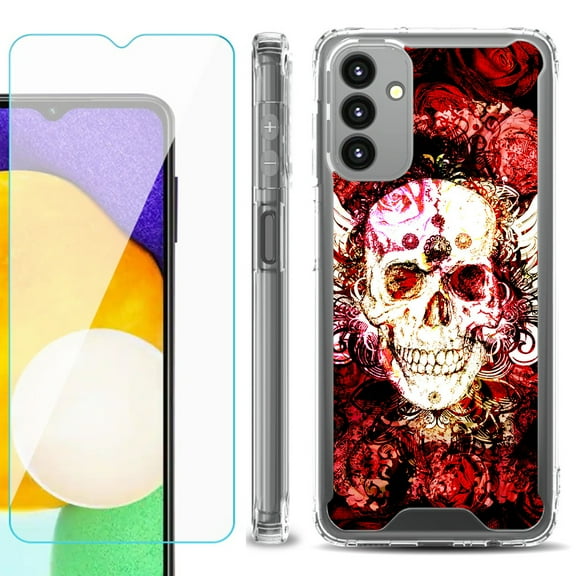 Shockproof Bumper Phone Case for Samsung Galaxy A13 5G, with Tempered Glass Screen Protector, by OneToughShield ® - Rose Skull