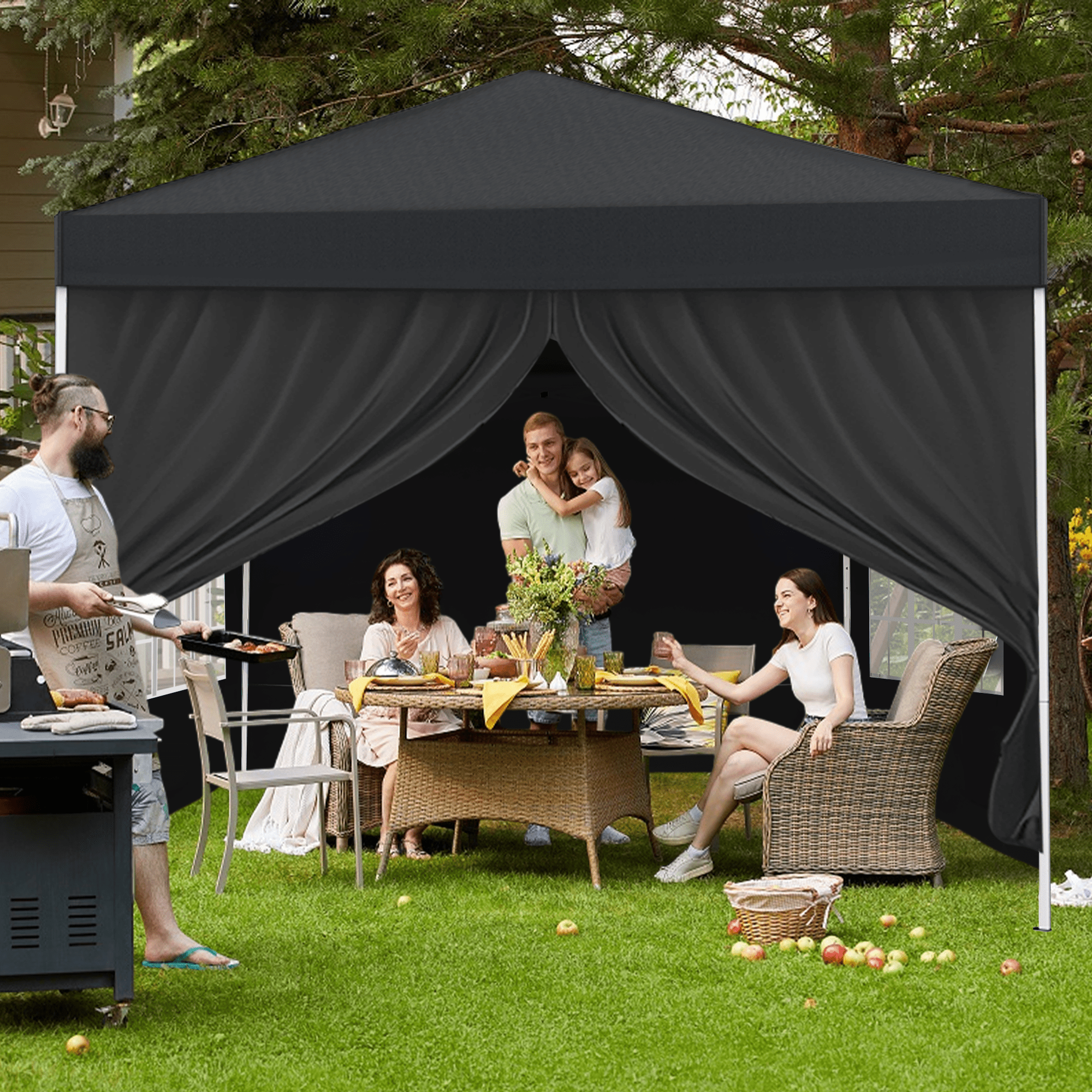 GVDV 10X10Ft Pop up Canopy Tent Enclosed Instant Folding Canopy Shelter with Elegant Church Window, Black