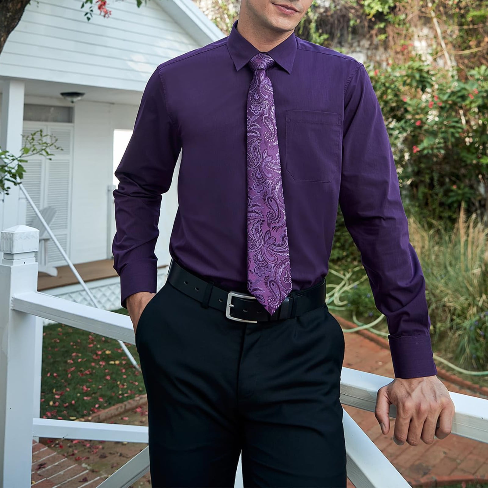 purple shirt and black tie