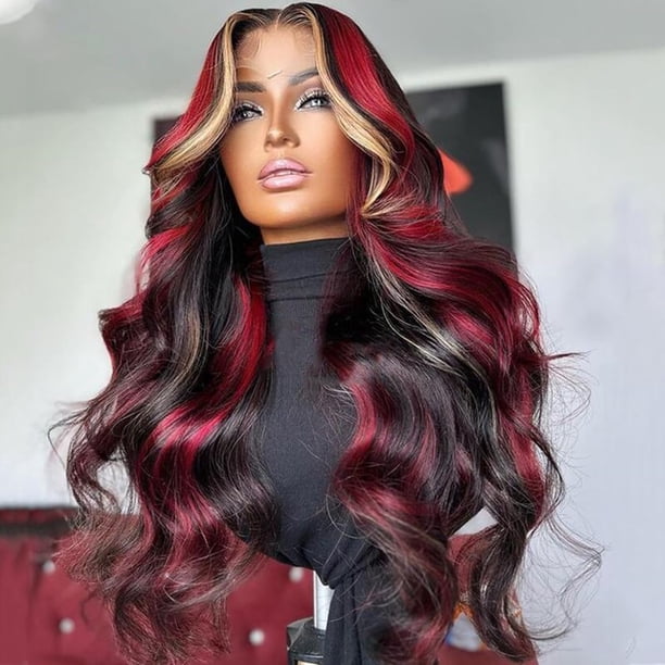 Negro Rojo Rubio Destacado Peluca Cabello Humano Onda Del Cuerpo Raya Skunk Peluca De Cabello Humano 180% Densidad Rubio Rojo Destacados 13X4 HD Encaje Frontal Sin Pegamento Balayage Pelucas Cabello H
