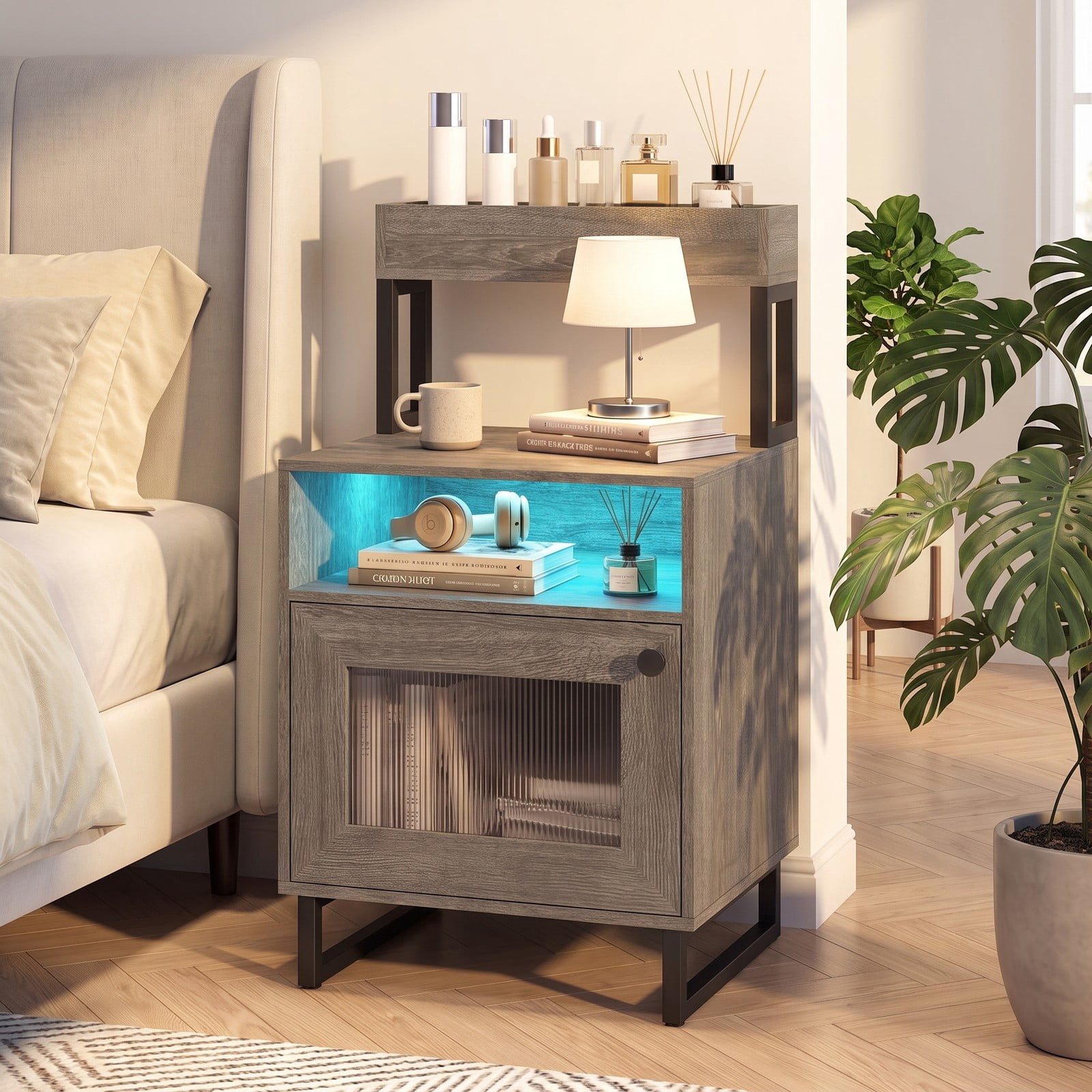 Furnibear Nightstand with LED Lights and Fluted Glass Cabinet Door plus Open Compartment and Raised Display Shelf for Bedroom and Living Room, Gray