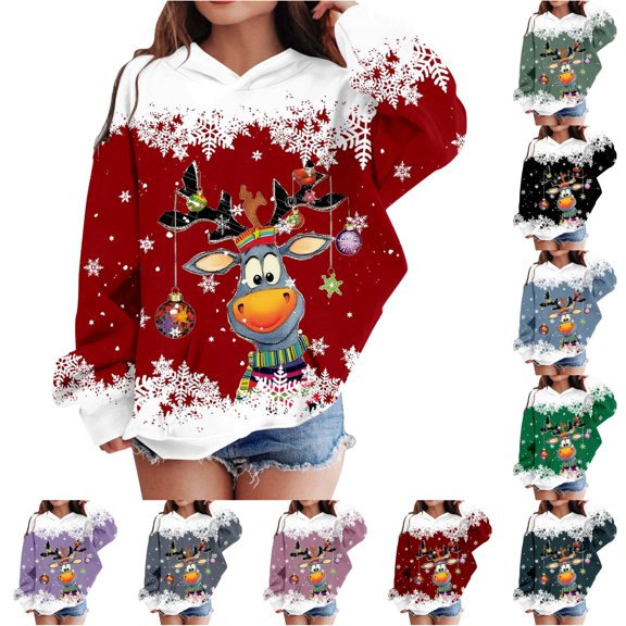 RMGVDSD Christmas Hoodies for Girls Cute Graphic Pullover Hooded Sweatshirt Long Sleeve Tops Loose Fit Casual Sweatshirts for Kids Fashionable Top 4-5 Years