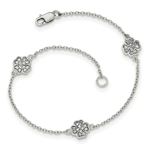 Sterling Silver Rhodium-plated Polished CZ Four Leaf Clover 7in Bracelet QG3910