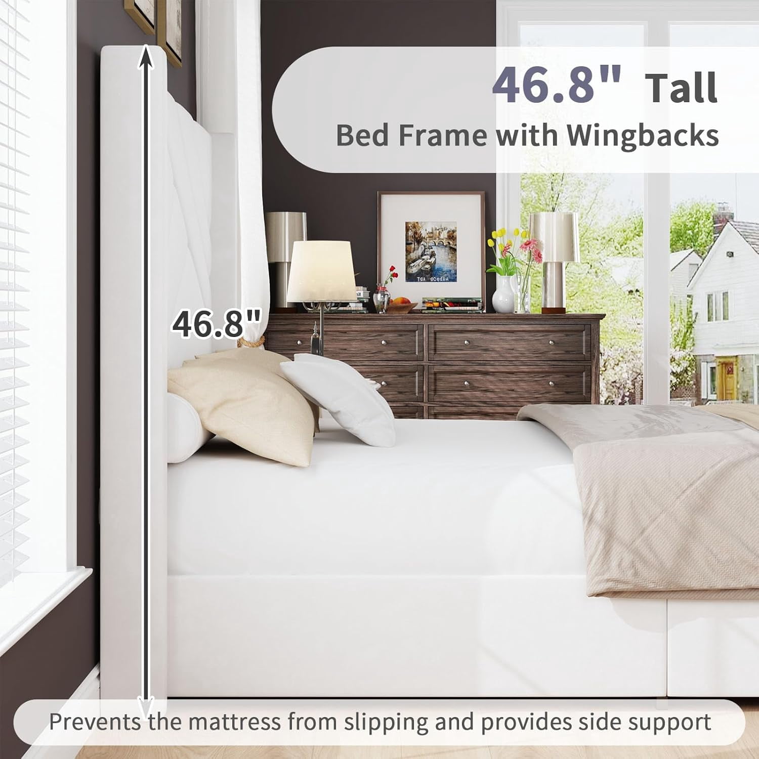 4 EVER WINNER Full Bed Frame, Velvet Upholstered Platform Bed with Headboard and Footbaord, Geometric Tufted Wingback Headboard & Footboard, White