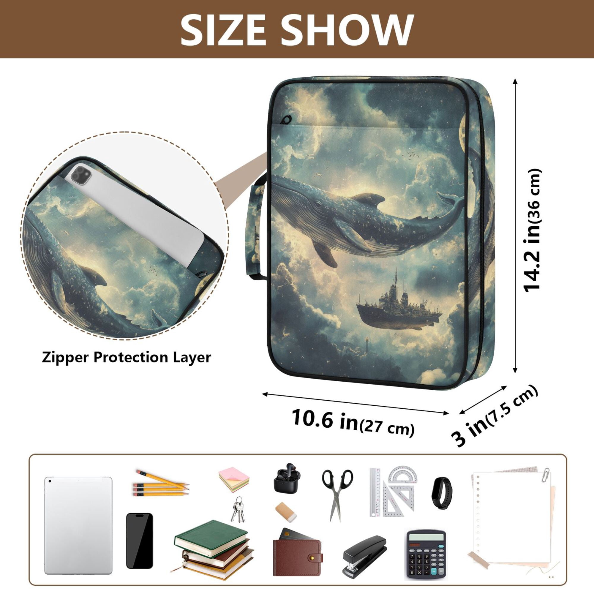 FORMRS Accordion File Folder A4 Size 7-Pocket Expanding Document Organizer Bag with 3 Ring Binder, Beige Floating Whale