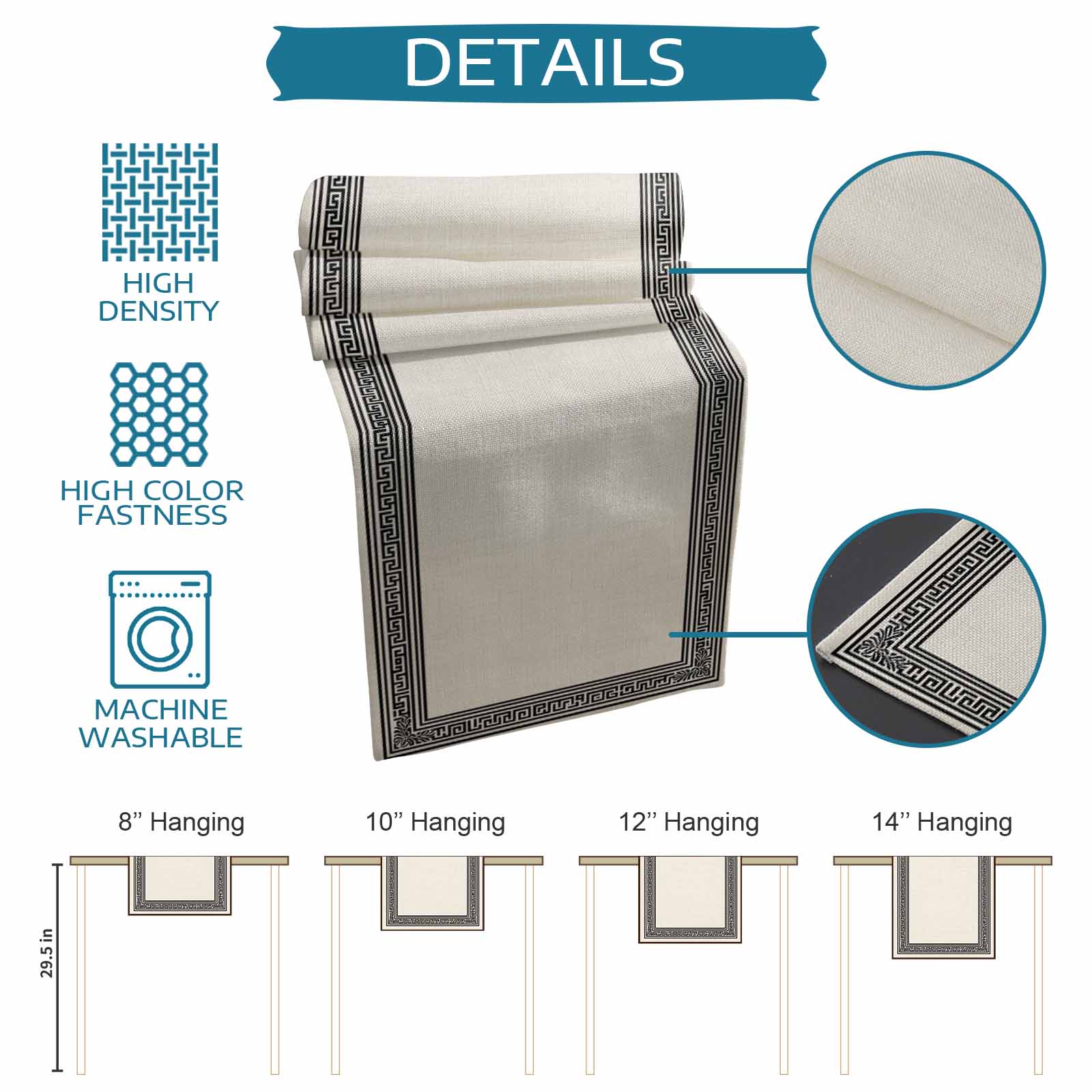 Black Cream Greek Key Table Runner 72 Inches, Geometric Greece Ancient Rustic Bed Runner Dresser Scarves Tabletop for Indoor Outdoor Parties/Ceremony/Banquet, 18" x 72"