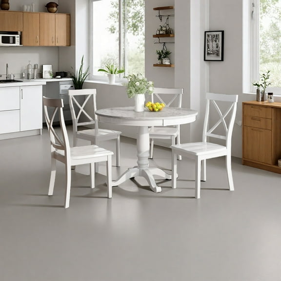 5-Piece Dining Set for 4 with Table and Chairs, Modern White Solid Wood Kitchen Table Set, Compact Dining Room Furniture with Marble-Style Top