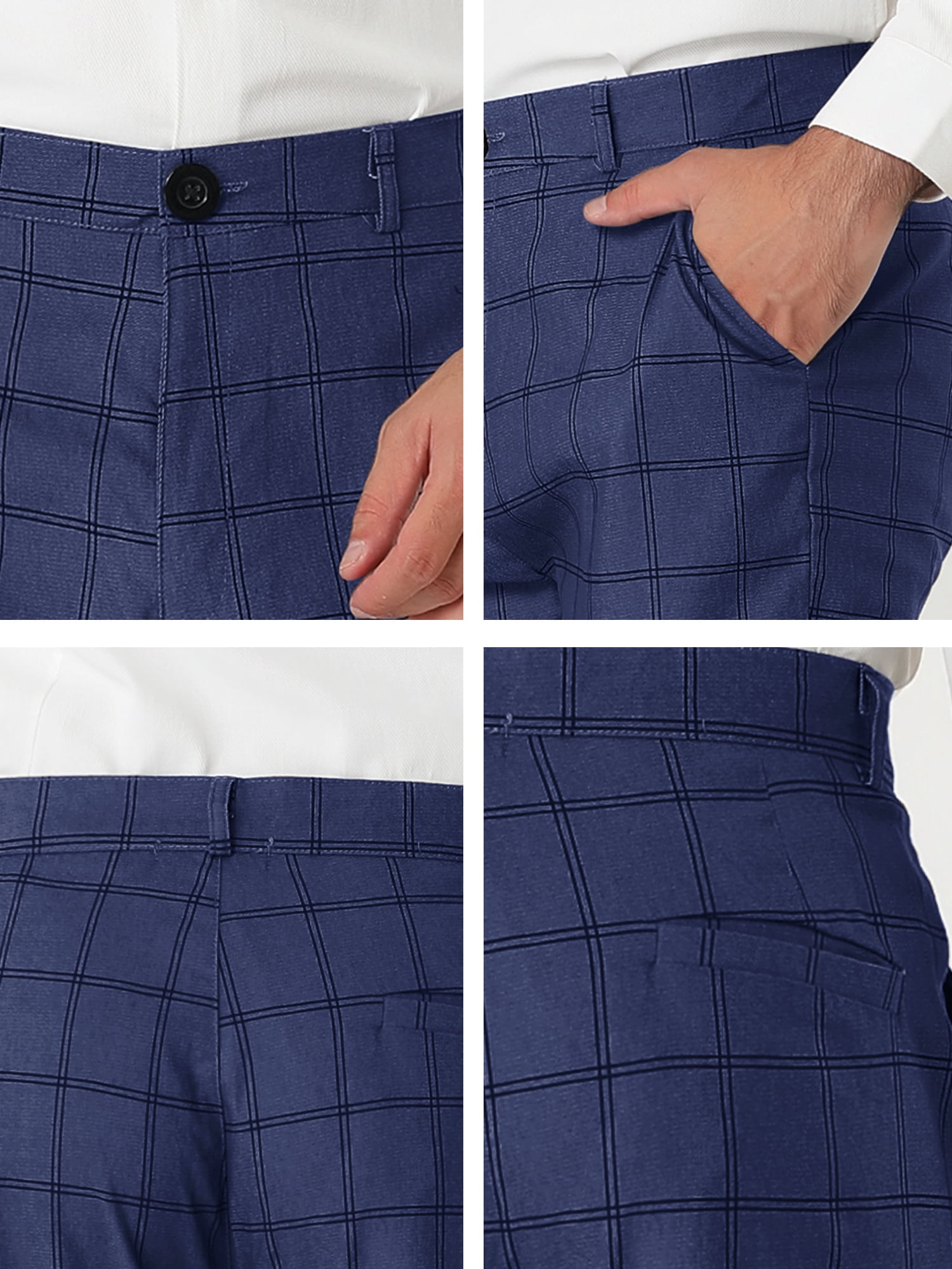Unique Bargains Men's Slim Fit Plaid Business Pants Trousers with Pockets 36 Navy Blue