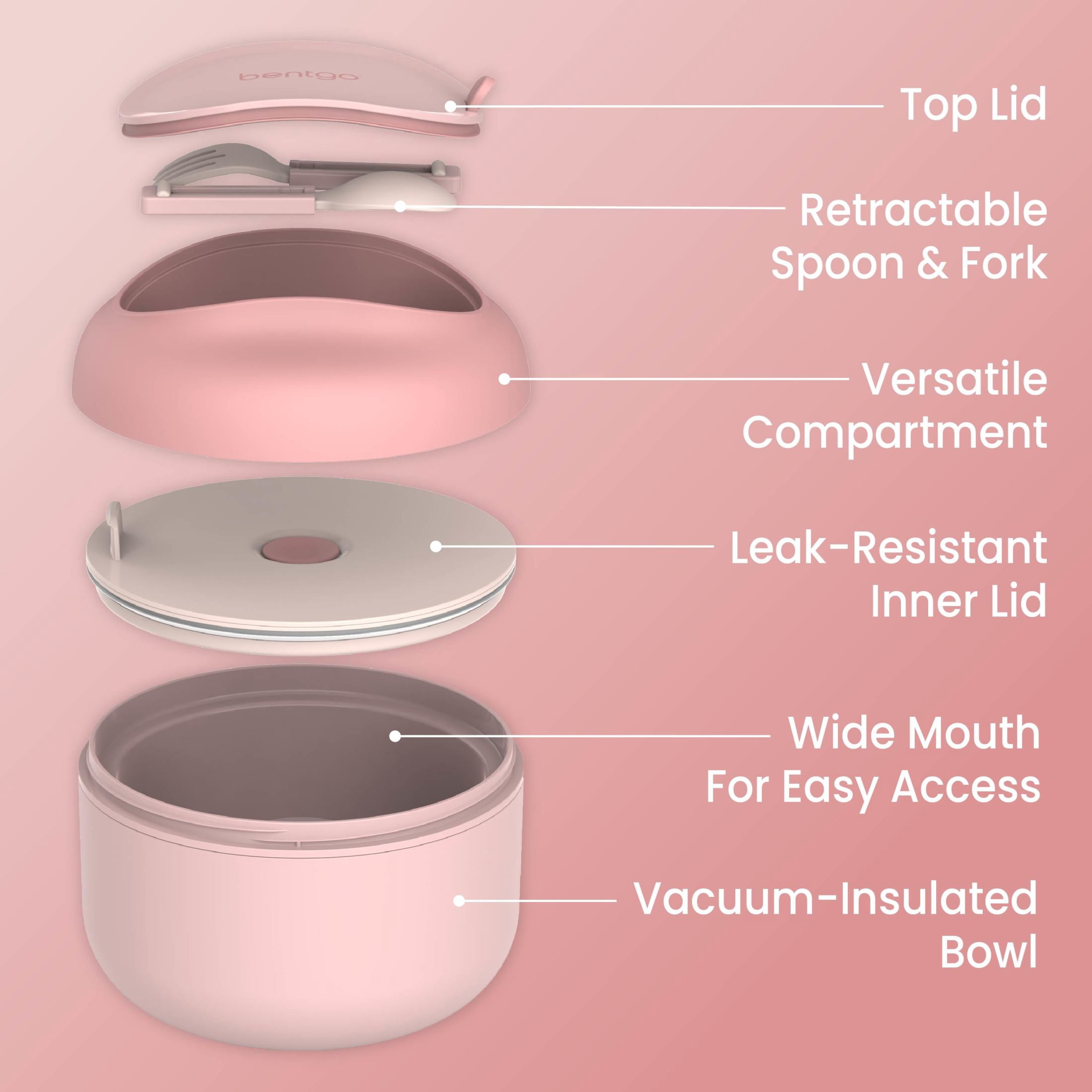 (2 pack) Bentgo Bowl - Insulated Leak-Resistant Bowl with Snack Compartment, Collapsible Utensils and Improved Easy-Grip Design for On-the-Go - Holds Soup, Rice, Cereal & More - BPA-Free, 21.2 oz (Blush)