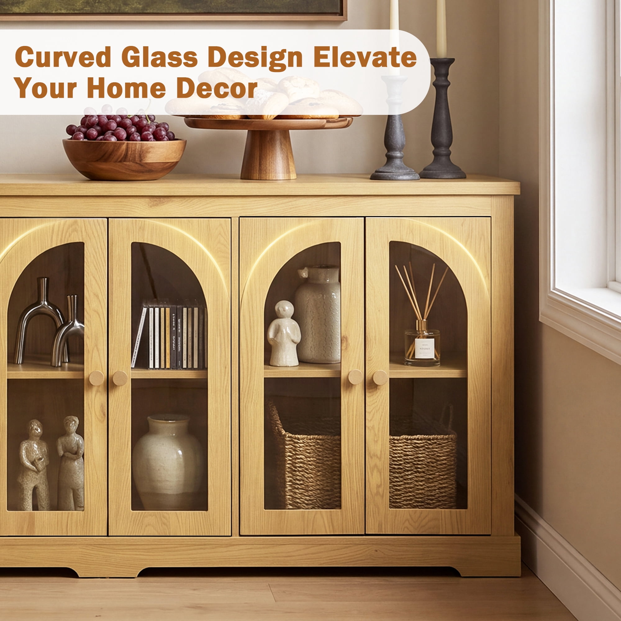HOQBN 68" Modern Arched Glass Sideboard with 6 Doors, Buffet Cabinet with Storage and Adjustable Shelves, Large Credenza for Living Room,Kitchen,Entryway,Natural