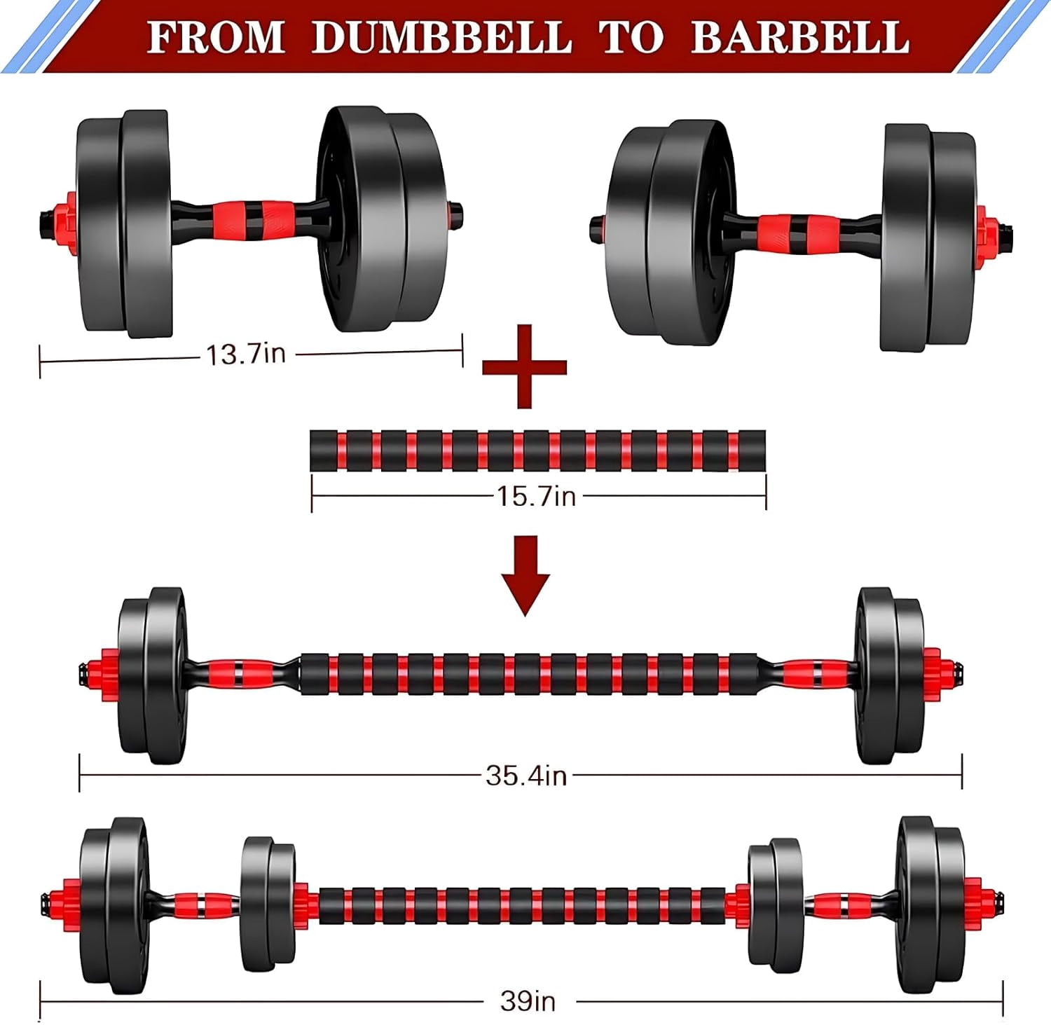 Adjustable Dumbbells Set of 2, 30 lbs Convertible Barbell Weights for Home Gym