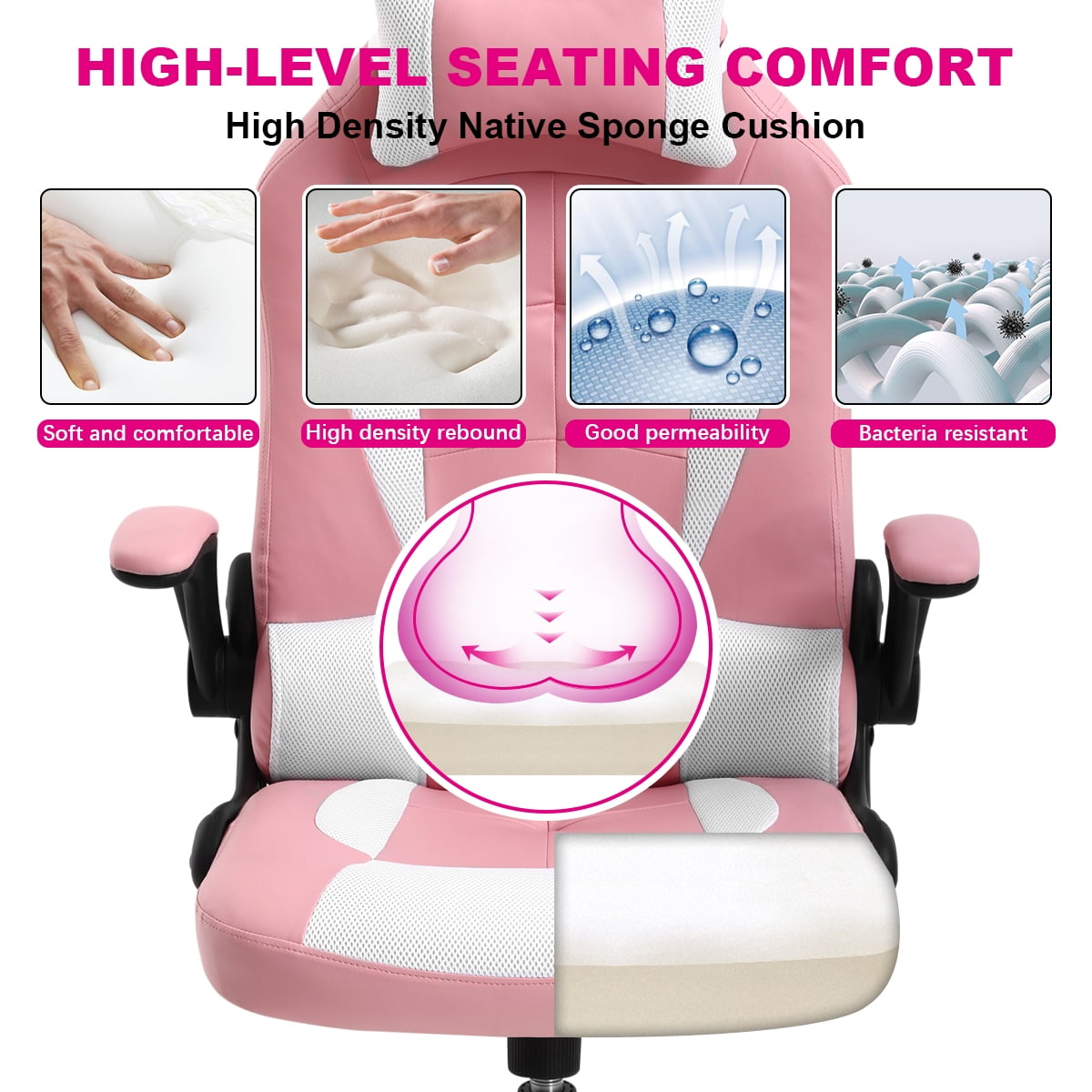 Dkelincs Video Game Chair Massage Gaming Chair PU Leather Computer Chair Ergonomic Office Desk Chair with a Vibrator Lumbar Support, Headrest, Flip Up Armrest, Pink