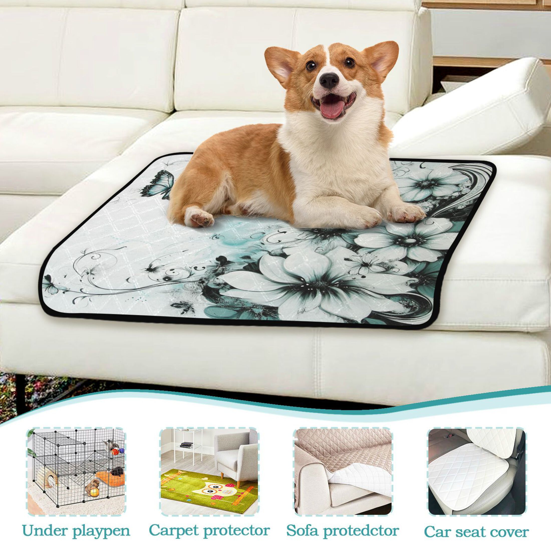 Qxltty Cyan Flowers Cat litter Pads Pet Set of 3 Diaper Mats Center Anti-leakage Layer Absorbent Soft and Comfortable